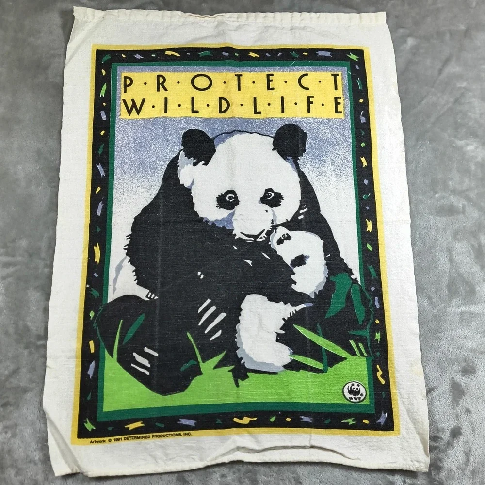 Vintage World Wildlife Fund Tea‎ Towel Protect Wildlife Panda WWF 90d